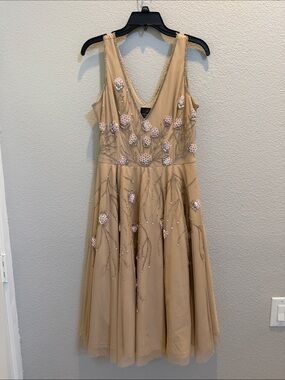 Adrianna Papell Beige Tulle Midi Dress with Pink Floral Beading